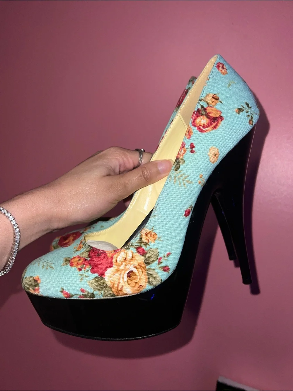 Floral Platform High Heels in Light Blue